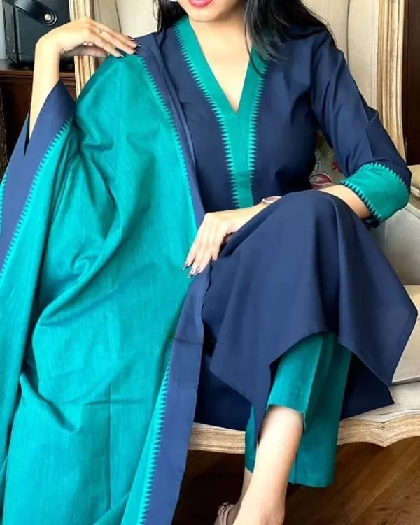 South_Cotton_Self_Thread_Hand_Loom_Butti_Kurta_Pant_&_Dupatta_With_Temple_Border_For_Women