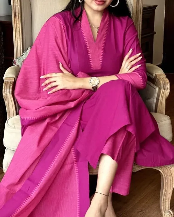 South_Handloom_Golden_Self_Zari_Border_Self_Thread_Kurti_Pant_&_Dupatta_For_Women
