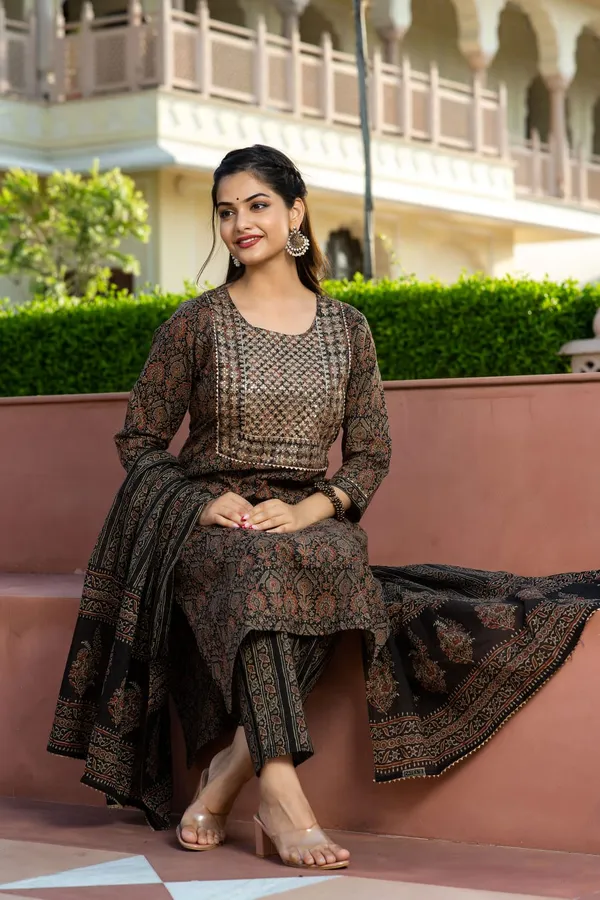 Cotton_Ajrakh_Printed_Sequence_Adda_&_Embroidered_Kurta_Pant_&_Dupatta_For_Women