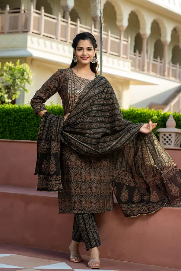 Cotton_Ajrakh_Printed_Sequence_Adda_&_Embroidered_Kurta_Pant_&_Dupatta_For_Women
