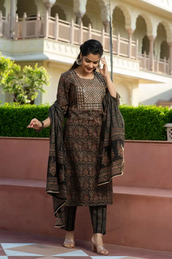 Cotton_Ajrakh_Printed_Sequence_Adda_&_Embroidered_Kurta_Pant_&_Dupatta_For_Women