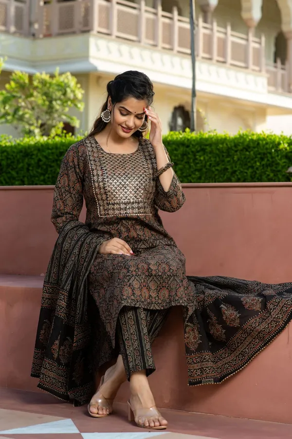 Cotton_Ajrakh_Printed_Sequence_Adda_&_Embroidered_Kurta_Pant_&_Dupatta_For_Women