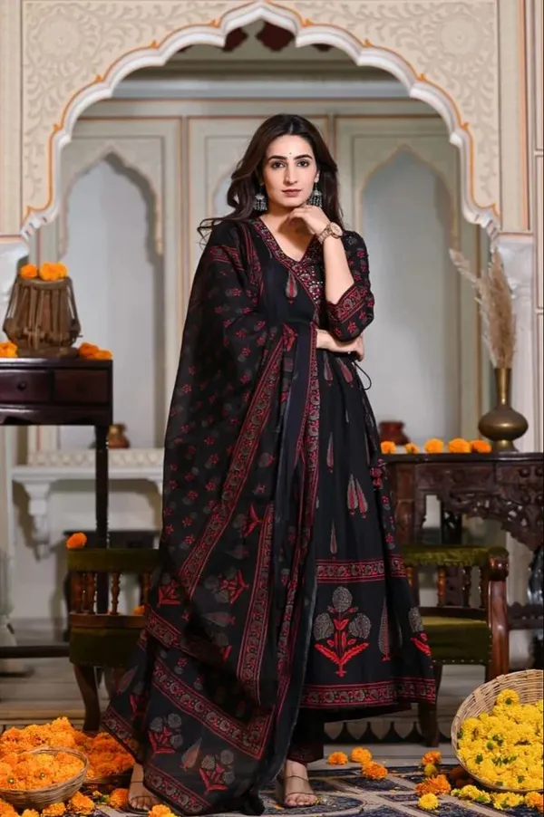 Cotton_Sequence_Katha_Printed_&_Embroidered_Angrakha_Anarkali_Suit_For_Women