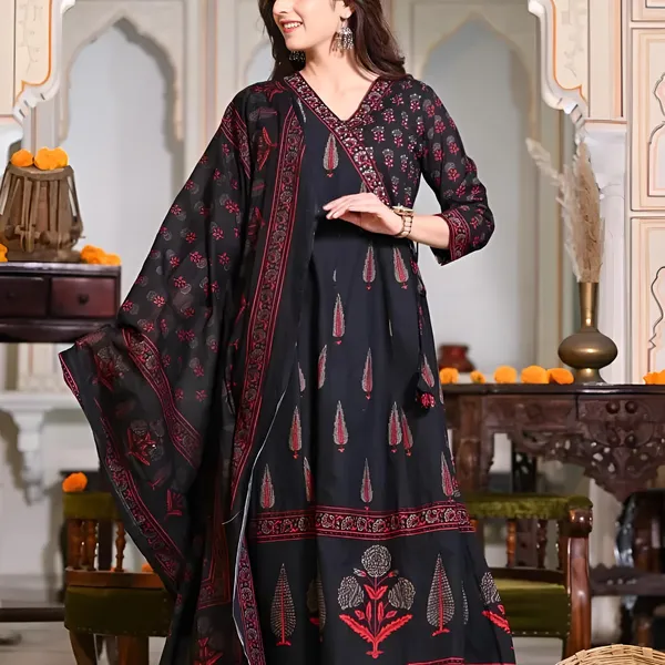 Cotton_Sequence_Katha_Printed_&_Embroidered_Angrakha_Anarkali_Suit_For_Women