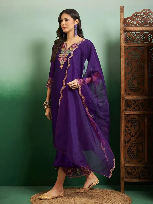 Violet_Chanderi_Embroidered_Kurta_Pant_&_Dupatta-_Only_One_Left_For_Women