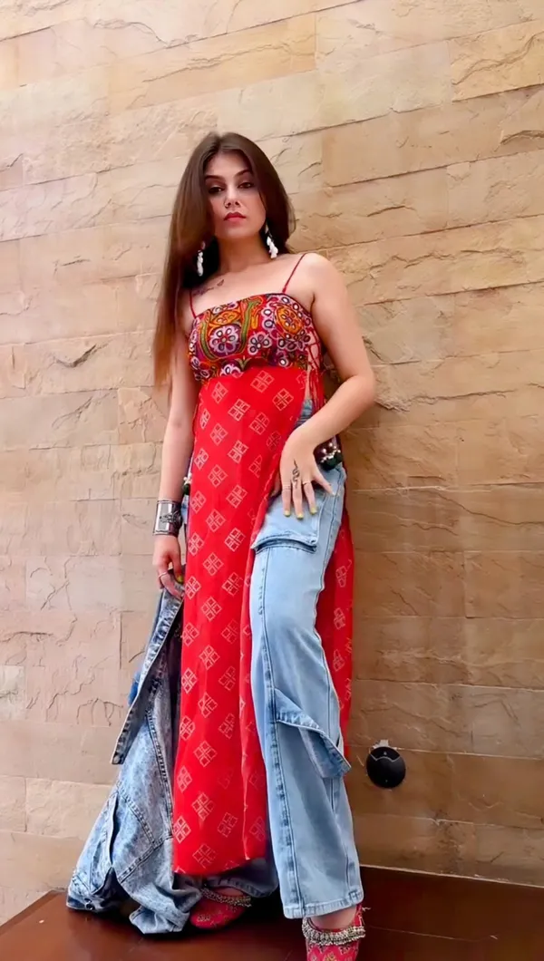 Red_Georgette_Real_Mirror_Work_Shoulder_Straps_Kurti_For_Women