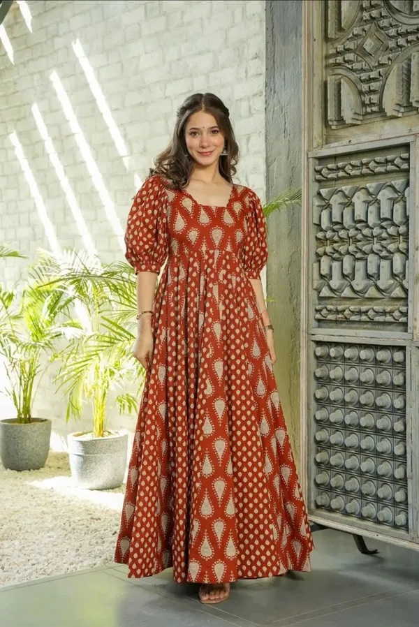 Orange_Printed_Puff_Sleeves_Anarkali_Suit_For_Women