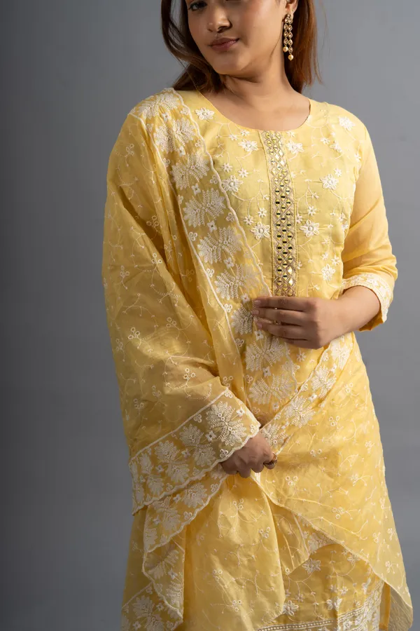 Yellow_Embroidered_Cotton_Kurta_Pants_Set_(Set_Of_3)_For_Women