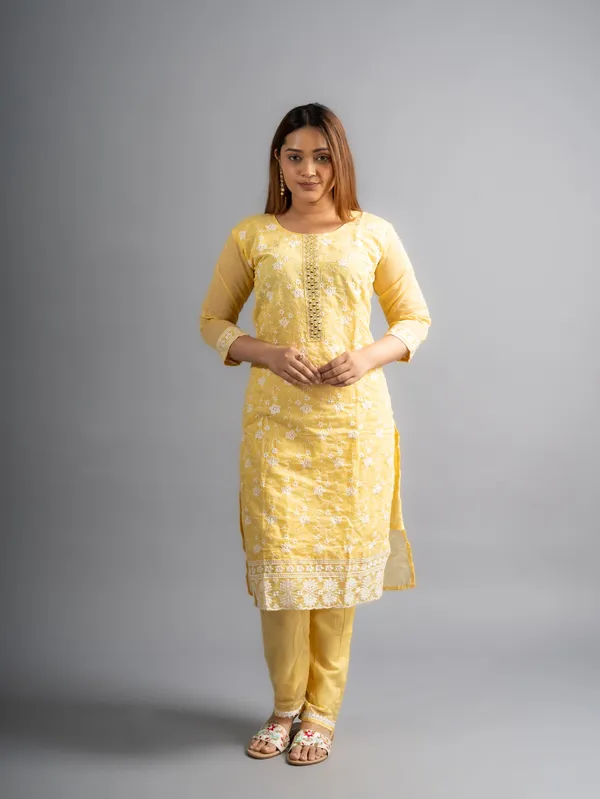 Yellow_Embroidered_Cotton_Kurta_Pants_Set_(Set_Of_3)_For_Women