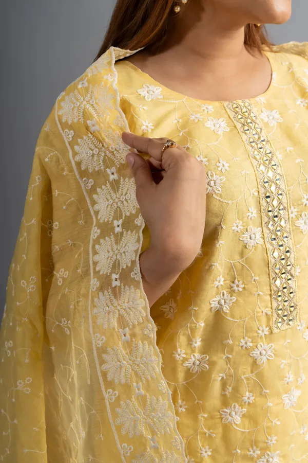 Yellow_Embroidered_Cotton_Kurta_Pants_Set_(Set_Of_3)_For_Women