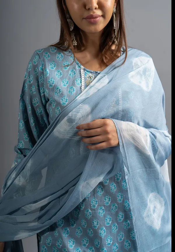 Blue_Floral_Printed_Pure_Cotton_Kurta_With_Trousers_&_With_Dupatta_For_Women