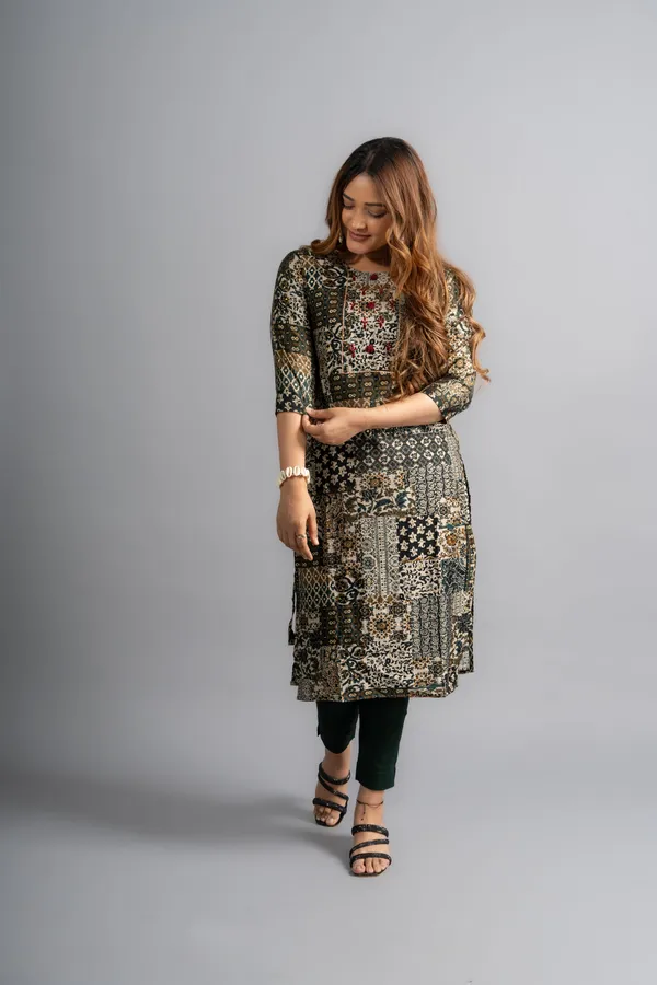 Cotton_Printed_A-Line_Kurta_-_Bottle_Green_For_Women