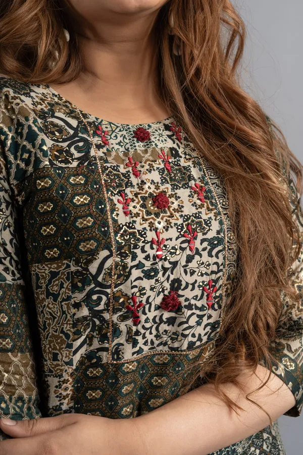 Cotton_Printed_A-Line_Kurta_-_Bottle_Green_For_Women