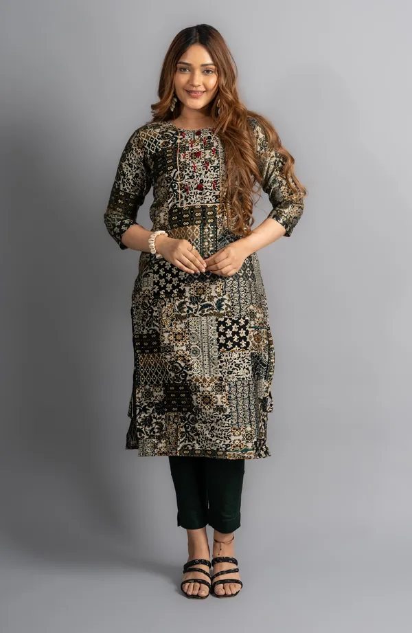 Cotton_Printed_A-Line_Kurta_-_Bottle_Green_For_Women