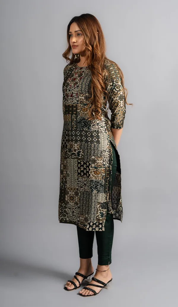 Cotton_Printed_A-Line_Kurta_-_Bottle_Green_For_Women