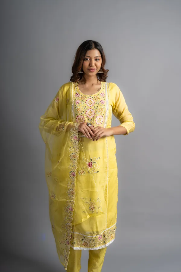 Parchment_Yellow_Embroidered_Organza_Silk_Kurta_Set_(Set_Of_3)_For_Women