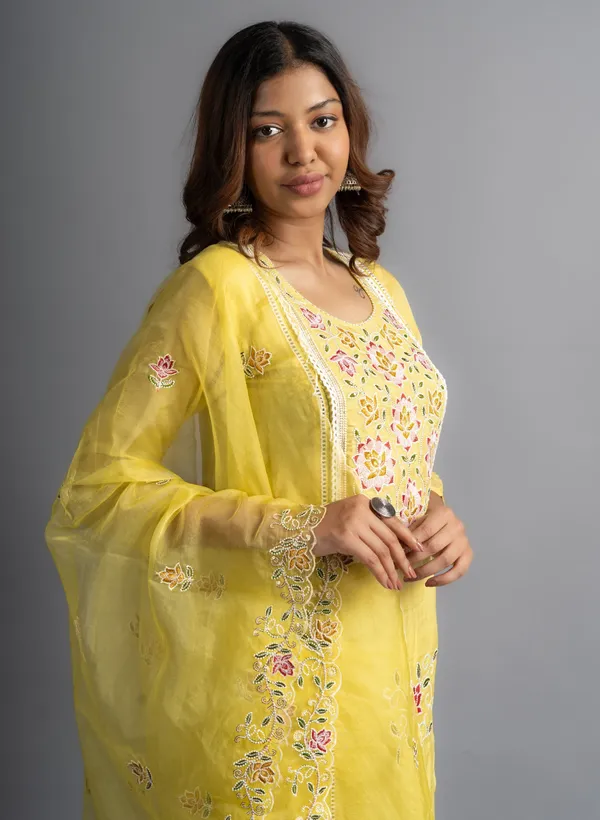 Parchment_Yellow_Embroidered_Organza_Silk_Kurta_Set_(Set_Of_3)_For_Women