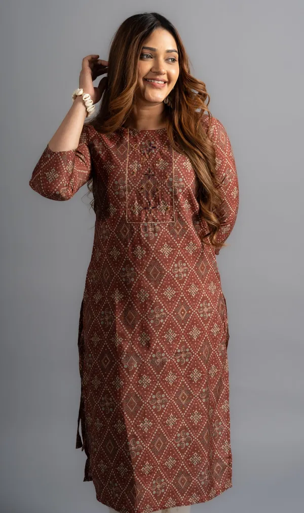 Cotton_Printed_A-Line_Bandhani_Kurta_-_Chocolate_Brown_For_Women