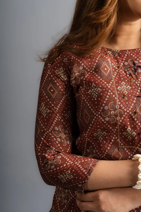 Cotton_Printed_A-Line_Bandhani_Kurta_-_Chocolate_Brown_For_Women
