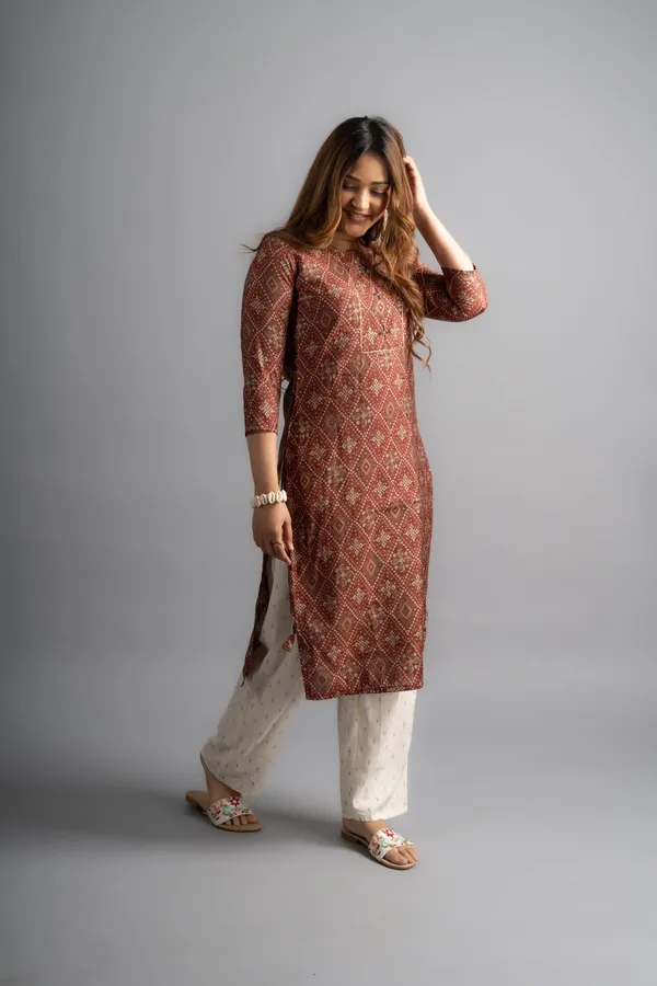 Cotton_Printed_A-Line_Bandhani_Kurta_-_Chocolate_Brown_For_Women