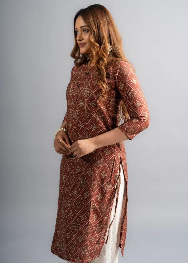 Cotton_Printed_A-Line_Bandhani_Kurta_-_Chocolate_Brown_For_Women