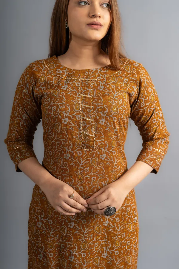 Mustard_Cotton_Printed_Kurta_Pants_With_Dupatta_(Set_Of_3)_For_Women