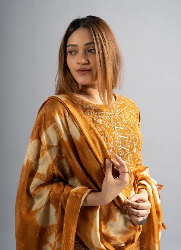 Mustard_Cotton_Printed_Kurta_Pants_With_Dupatta_(Set_Of_3)_For_Women