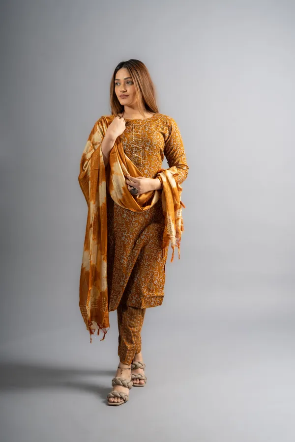 Mustard_Cotton_Printed_Kurta_Pants_With_Dupatta_(Set_Of_3)_For_Women