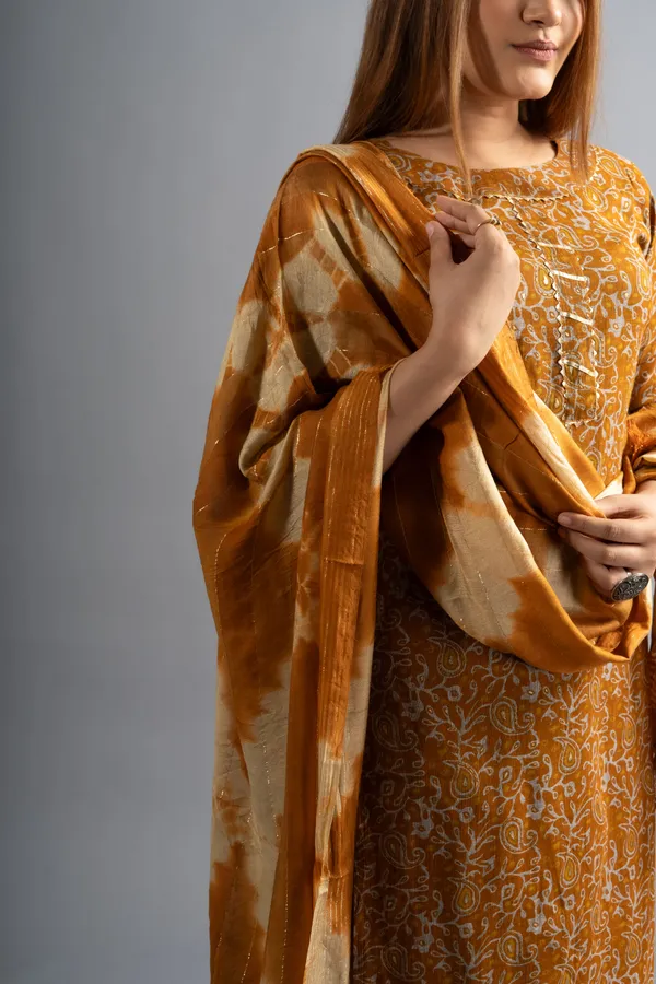 Mustard_Cotton_Printed_Kurta_Pants_With_Dupatta_(Set_Of_3)_For_Women