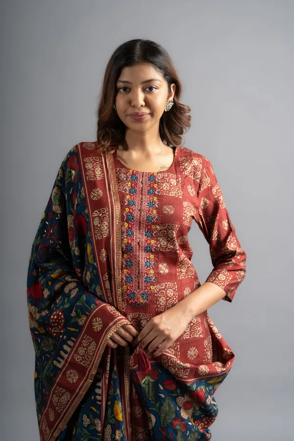 Brown_Silk_Printed_Kurta_Pants_With_Blue_Dupatta_(Set_Of_3)_For_Women