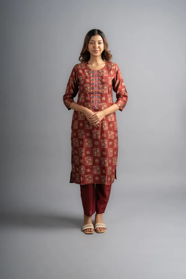 Brown_Silk_Printed_Kurta_Pants_With_Blue_Dupatta_(Set_Of_3)_For_Women