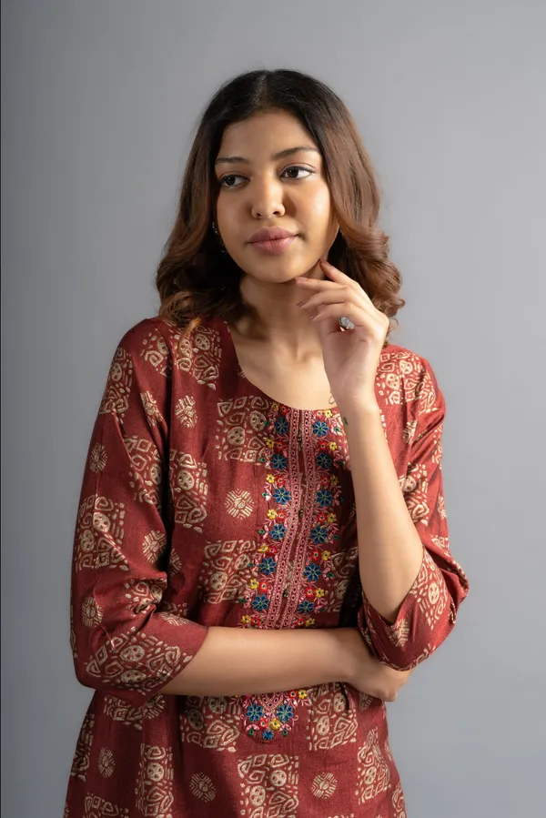 Brown_Silk_Printed_Kurta_Pants_With_Blue_Dupatta_(Set_Of_3)_For_Women