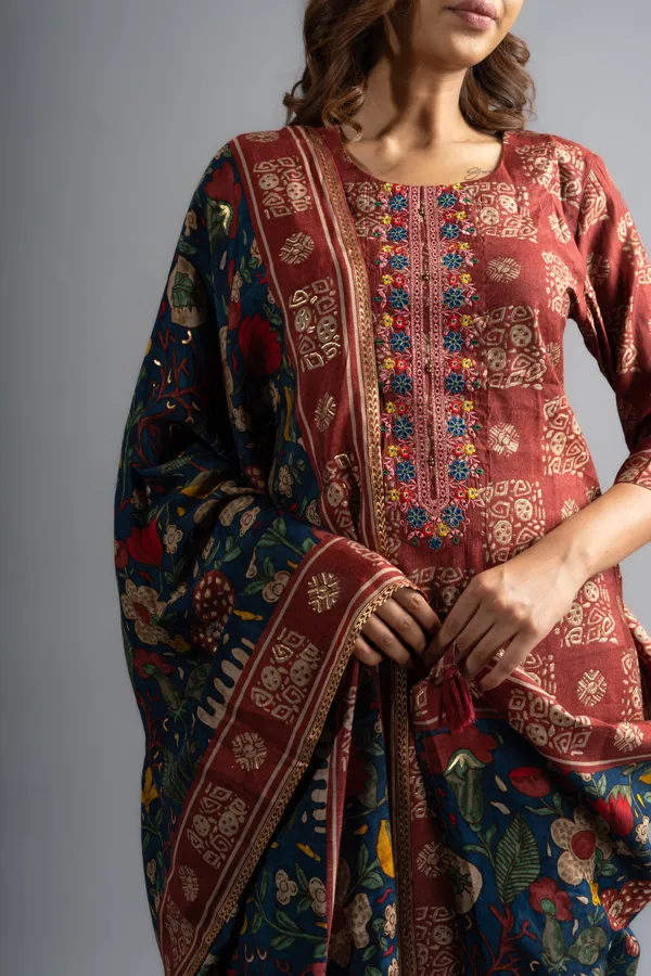 Brown_Silk_Printed_Kurta_Pants_With_Blue_Dupatta_(Set_Of_3)_For_Women