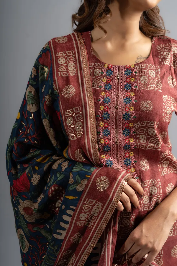 Brown_Silk_Printed_Kurta_Pants_With_Blue_Dupatta_(Set_Of_3)_For_Women