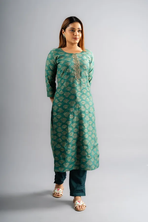 Silk_Printed_A-Line_Kurta_Pants_-Rama_Green_(Set_Of_Two)_For_Women