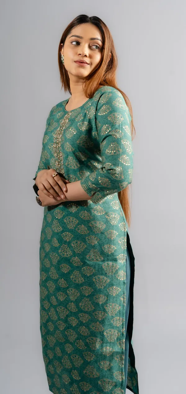Silk_Printed_A-Line_Kurta_Pants_-Rama_Green_(Set_Of_Two)_For_Women