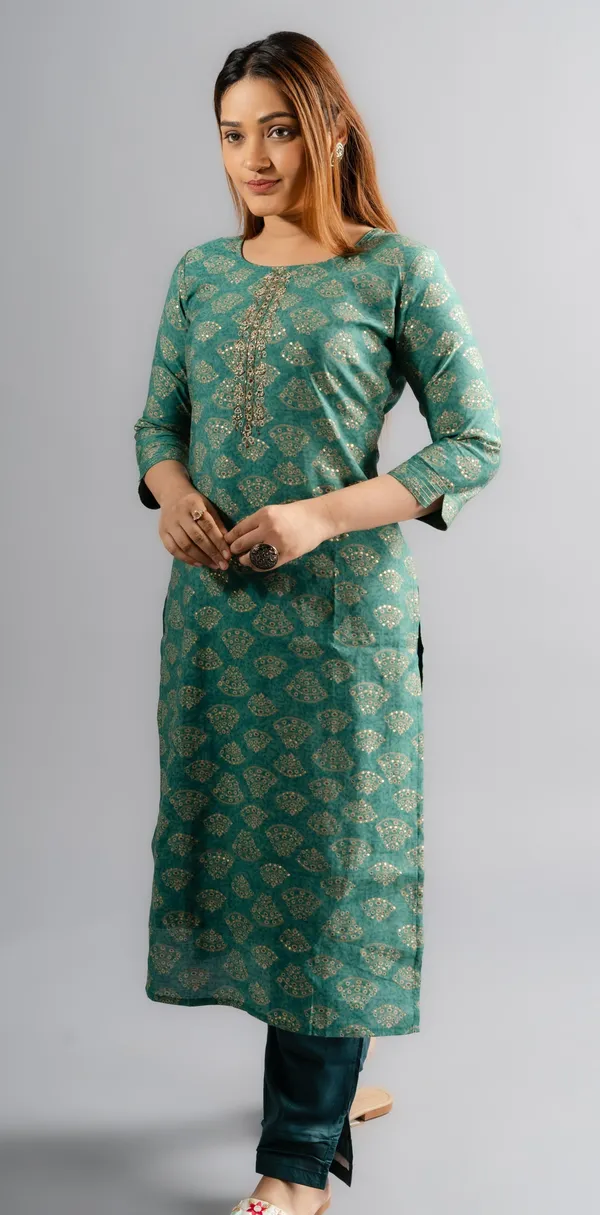 Silk_Printed_A-Line_Kurta_Pants_-Rama_Green_(Set_Of_Two)_For_Women
