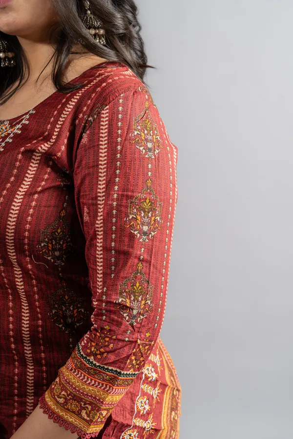 Cotton_Amber_Red_Embroidered_Kurta_Pants_With_Dupatta_(Set_Of_3)_For_Women