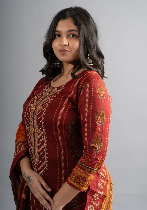 Cotton_Amber_Red_Embroidered_Kurta_Pants_With_Dupatta_(Set_Of_3)_For_Women