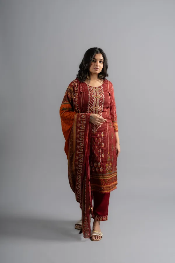 Cotton_Amber_Red_Embroidered_Kurta_Pants_With_Dupatta_(Set_Of_3)_For_Women
