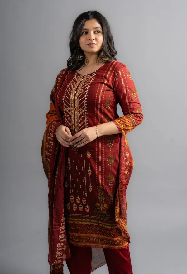 Cotton_Amber_Red_Embroidered_Kurta_Pants_With_Dupatta_(Set_Of_3)_For_Women