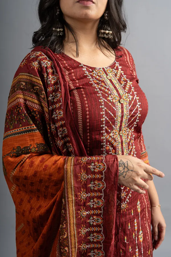 Cotton_Amber_Red_Embroidered_Kurta_Pants_With_Dupatta_(Set_Of_3)_For_Women