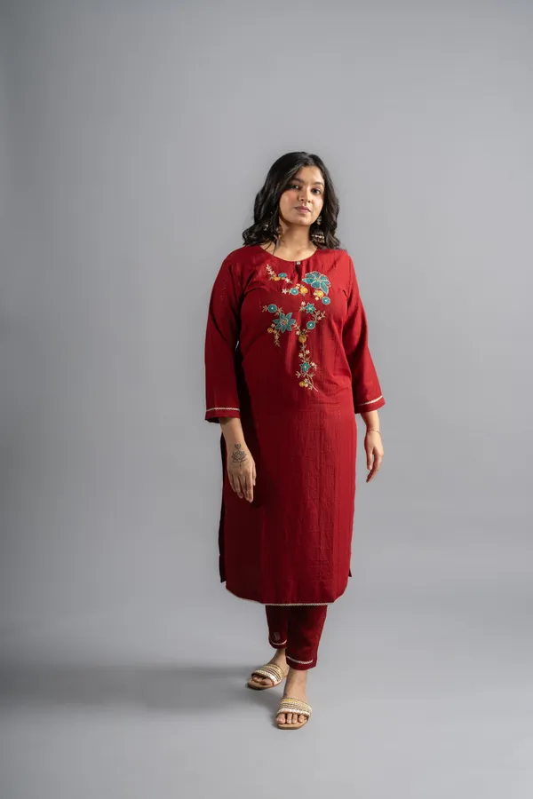 Red_Floral_Embroidered_Kurta_Pants_With_Dupatta_(Set_Of_3)_For_Women