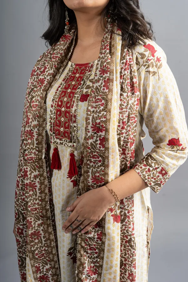 Cream_White_Cotton_Printed_Kurta_Pants_With_Dupatta_(Set_Of_3)_For_Women
