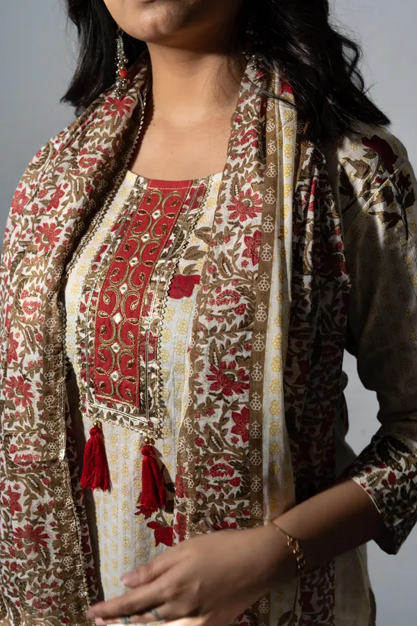 Cream_White_Cotton_Printed_Kurta_Pants_With_Dupatta_(Set_Of_3)_For_Women