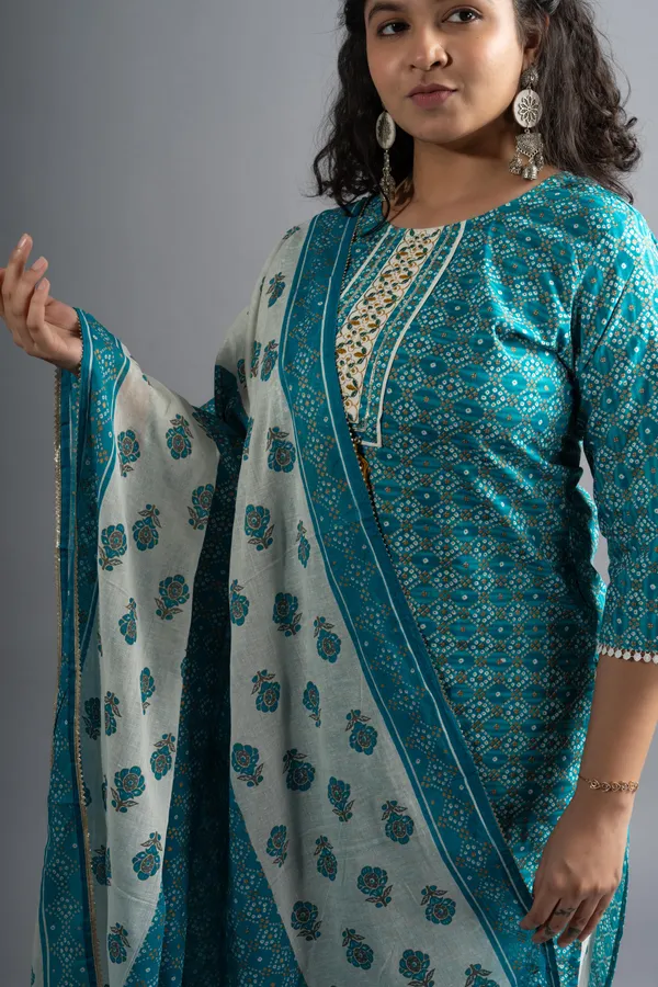 Turquoise_Blue_Cotton_Printed_Kurta_Pants_With_Dupatta_(Set_Of_3)_For_Women