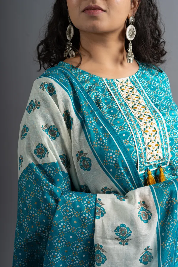 Turquoise_Blue_Cotton_Printed_Kurta_Pants_With_Dupatta_(Set_Of_3)_For_Women