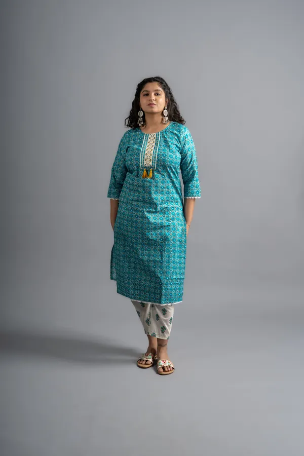 Turquoise_Blue_Cotton_Printed_Kurta_Pants_With_Dupatta_(Set_Of_3)_For_Women