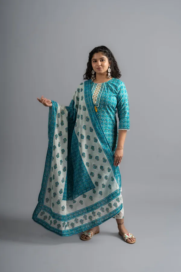 Turquoise_Blue_Cotton_Printed_Kurta_Pants_With_Dupatta_(Set_Of_3)_For_Women