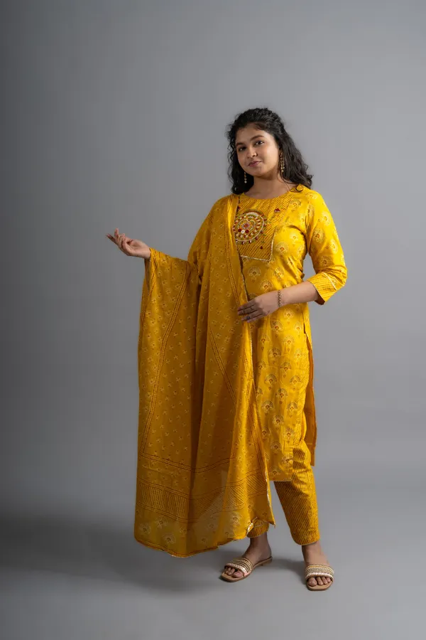 Yellow_Cotton_Printed_Kurta_Pants_With_Dupatta_(Set_Of_3)_For_Women